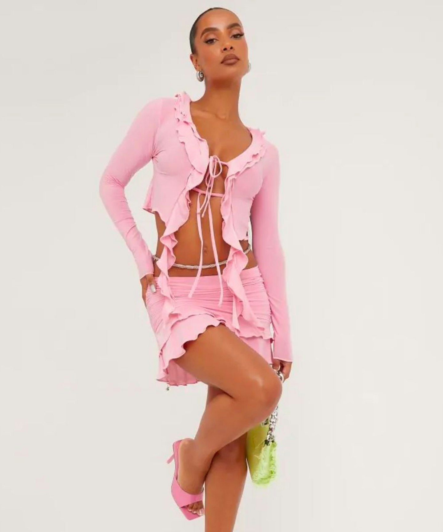EGO Frill Hem Side Ruched Detail Mini Skirt In Pink Slinky