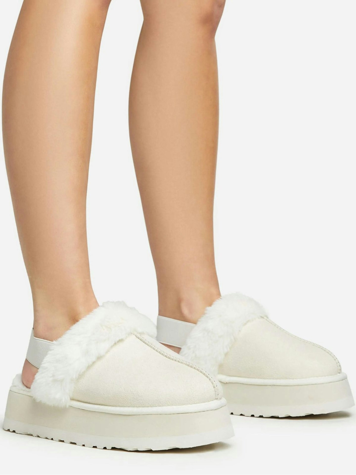 Head-High Faux Fur Trim Sling Back Platform Slipper In Cream Faux Suede
