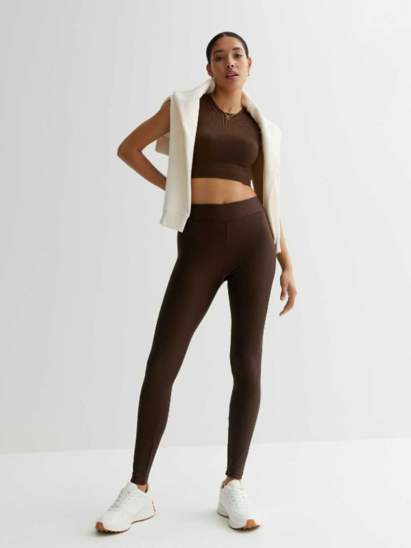 Dark Brown Ribbed Jersey High Waist Leggings