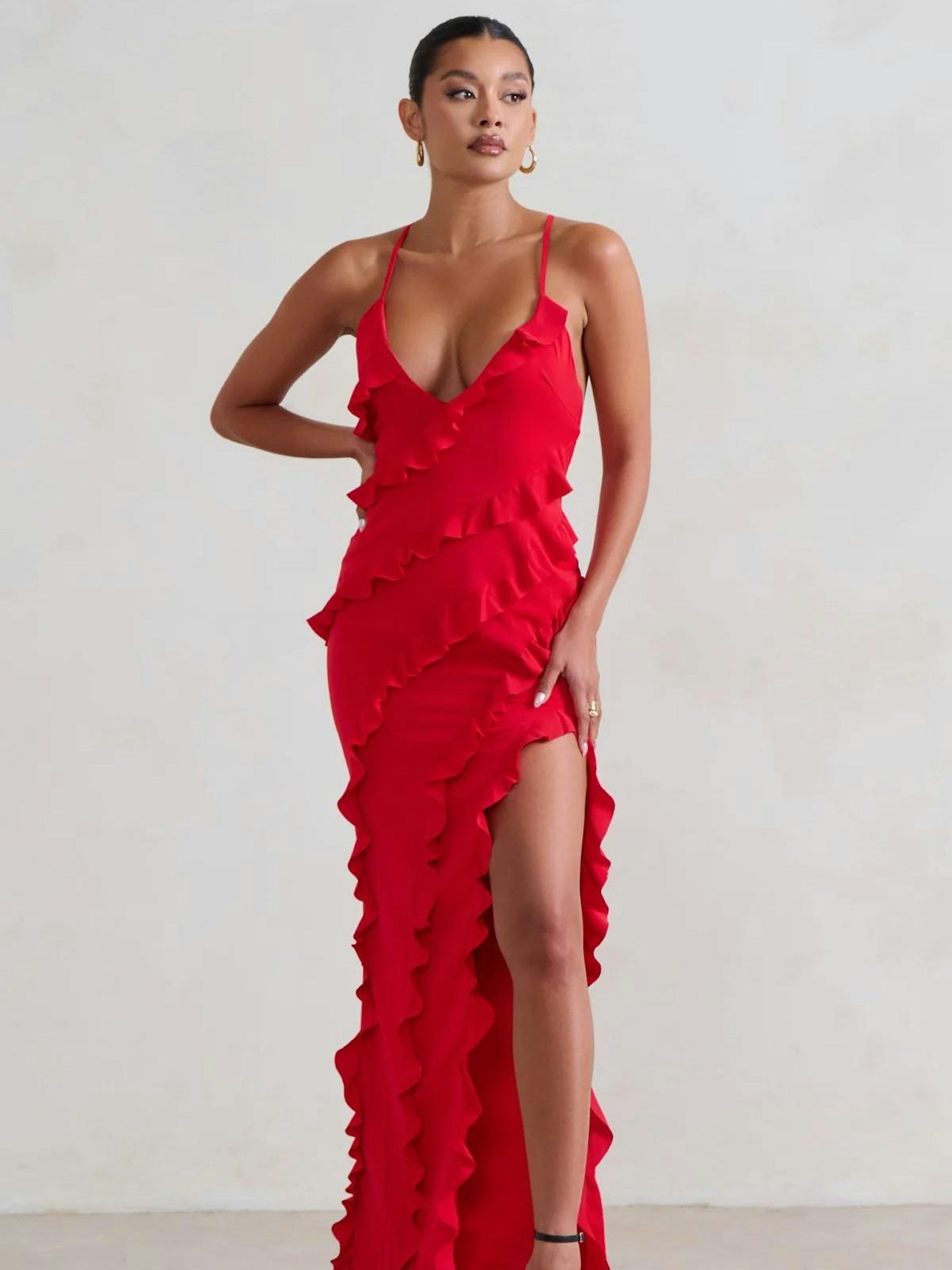 Run The World Red Plunge Ruffle Maxi Dress