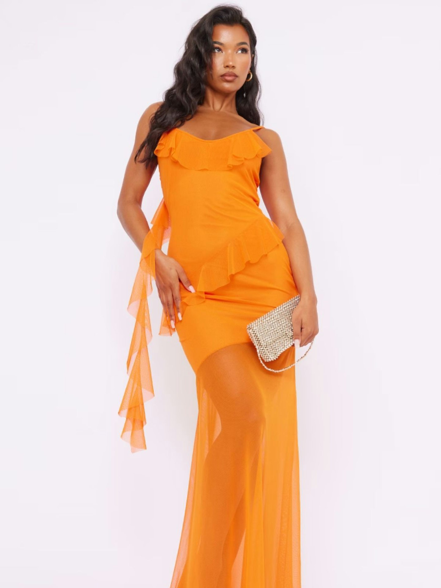 Orange Mesh Long Frill Drape Strappy Maxi Dress