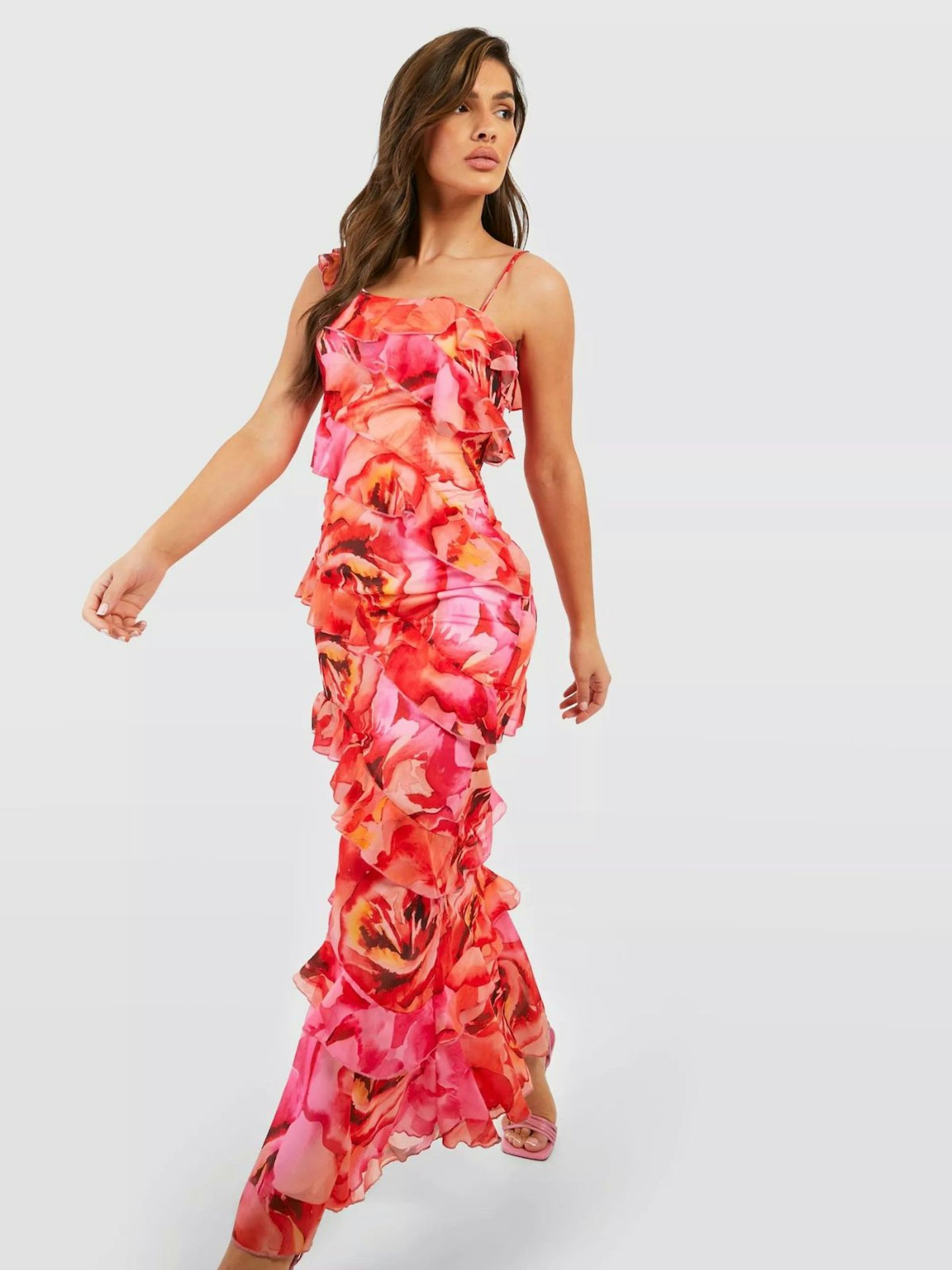 Floral Ruffle Asymmetic Dress