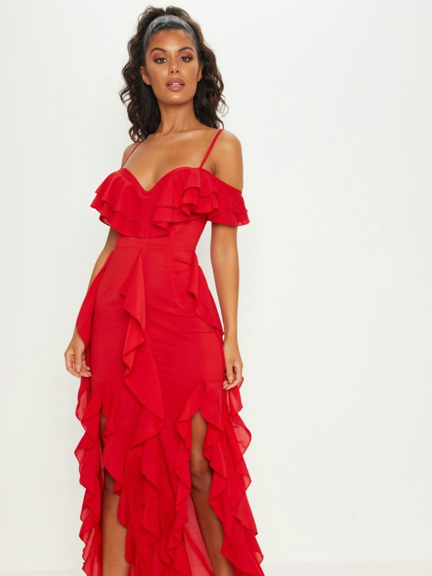 Red Cold Shoulder Ruffle Detail Maxi Dress