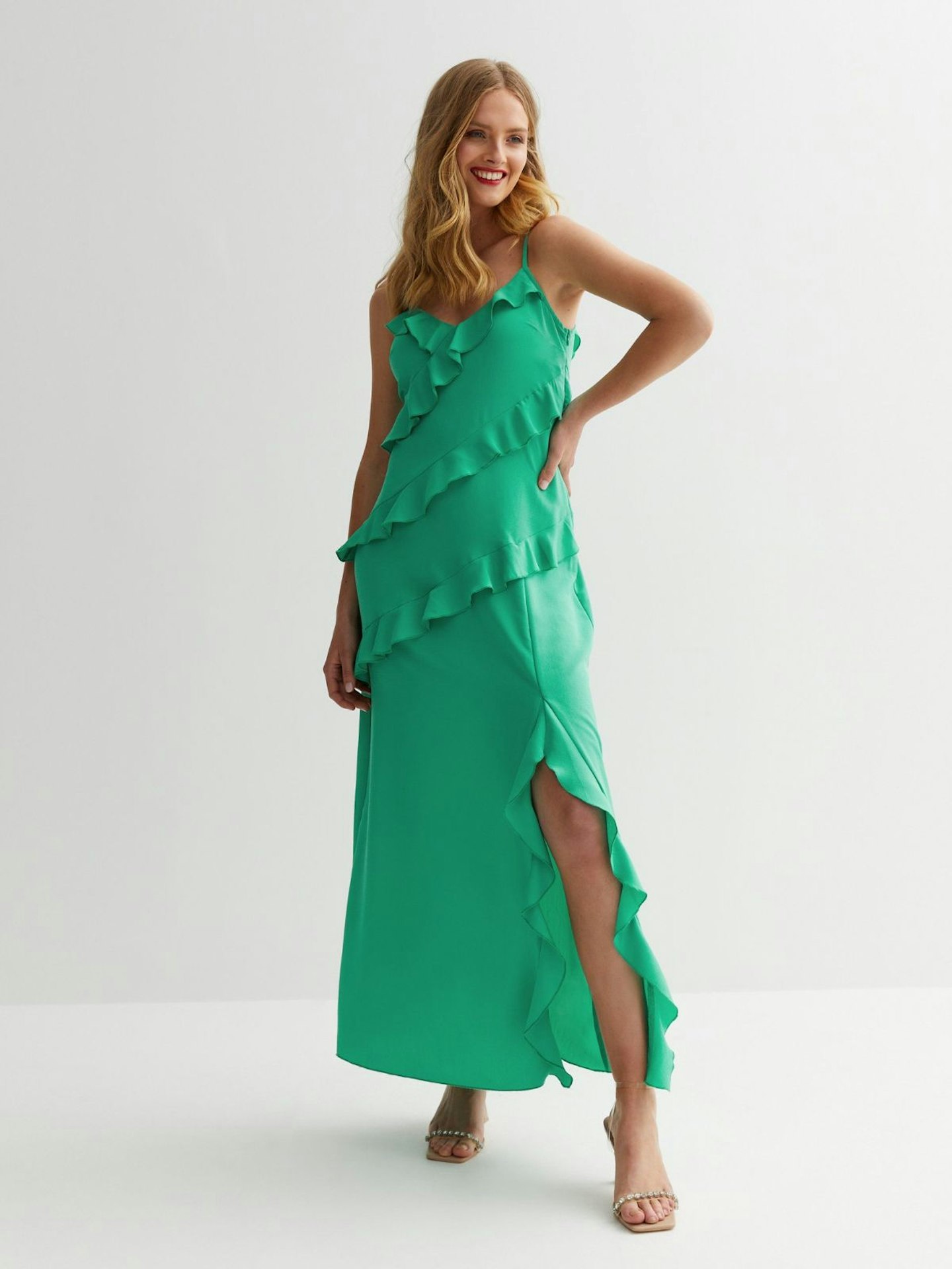 Green Satin Strappy Ruffle Maxi Dress