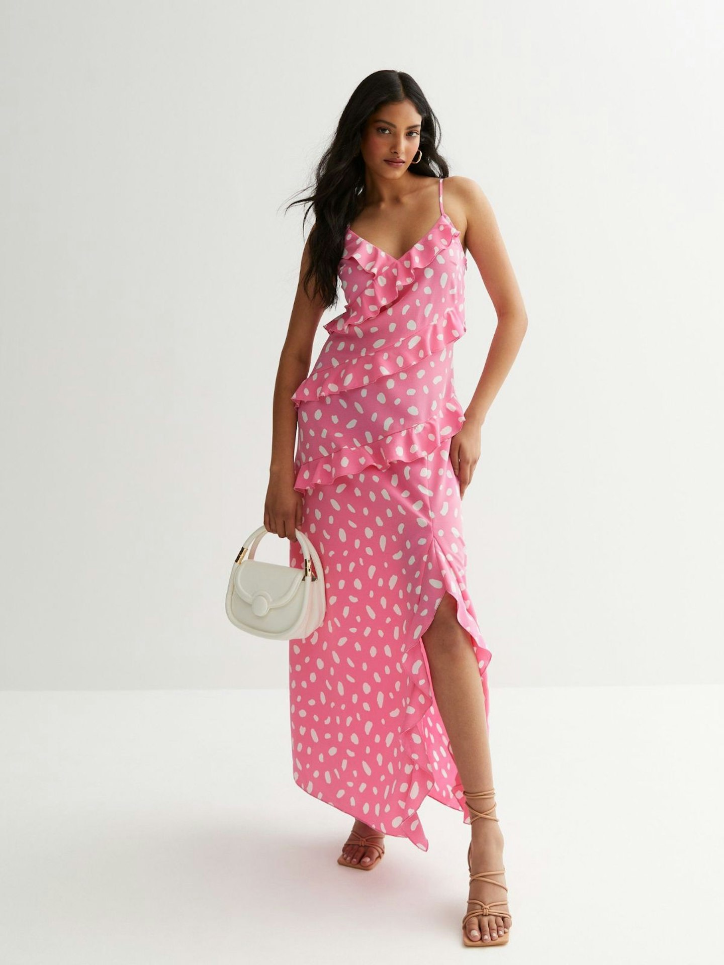 Pink Abstract Spot Satin Ruffle Maxi Dress