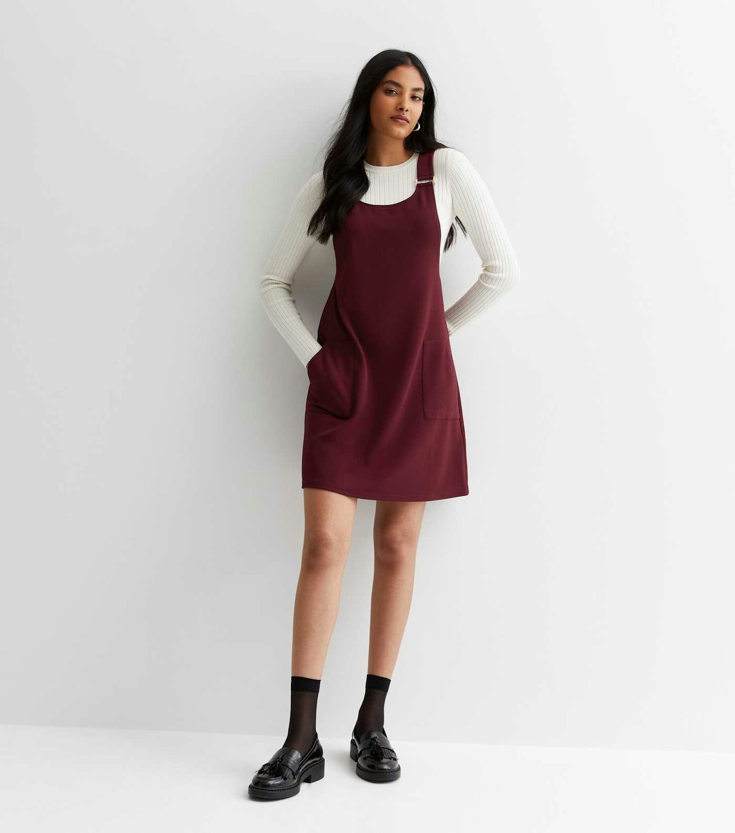 New Look Burgundy Crepe Pinafore Mini Dress