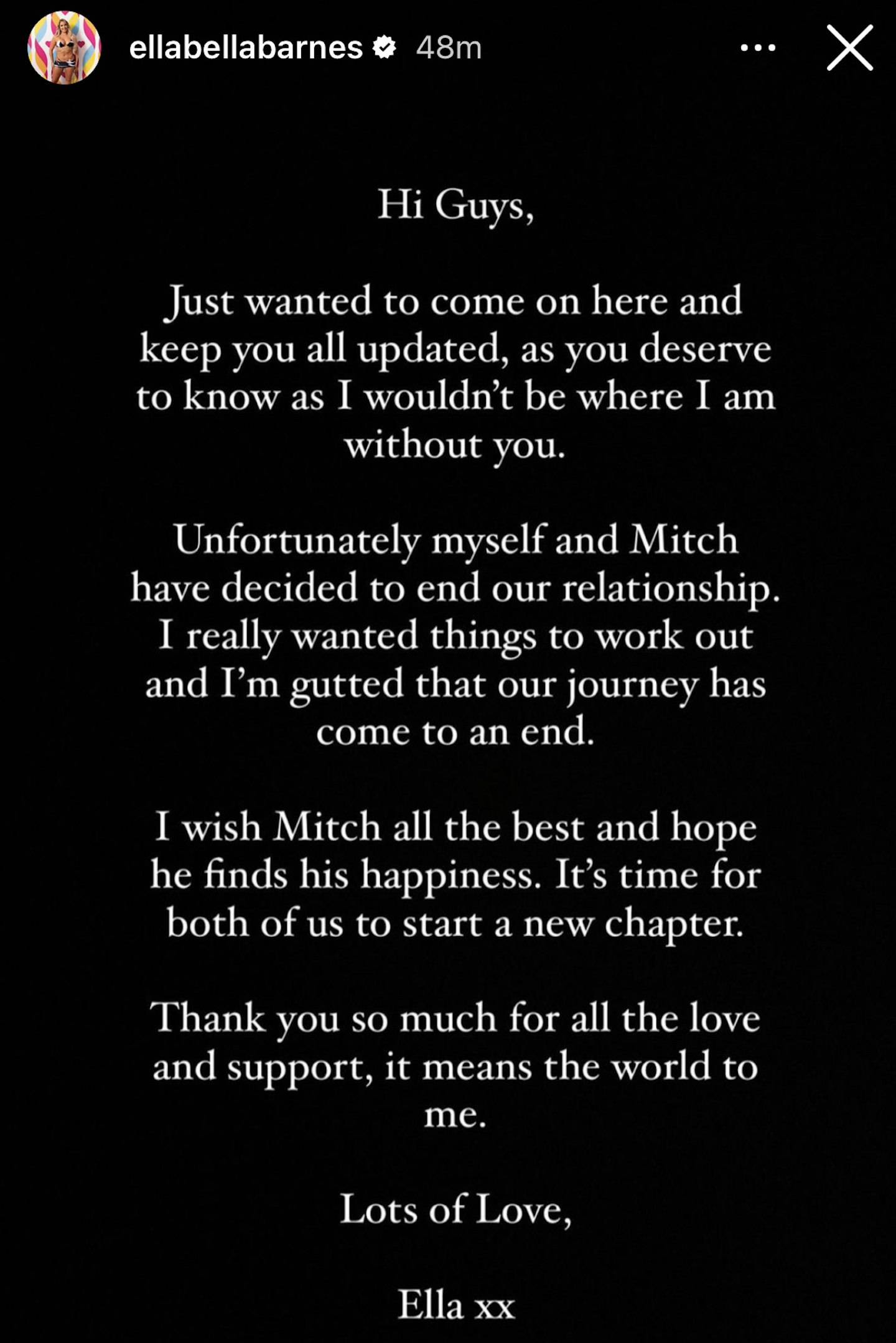 Ella Banes' Instagram statement about her split from Mitch Taylor