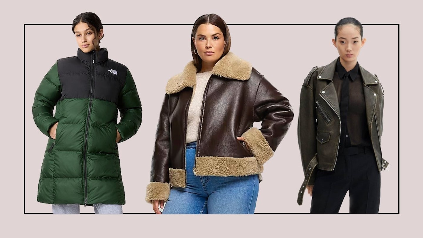 Models wearing a green puffer coat, brown jacket and brown leather jacket
