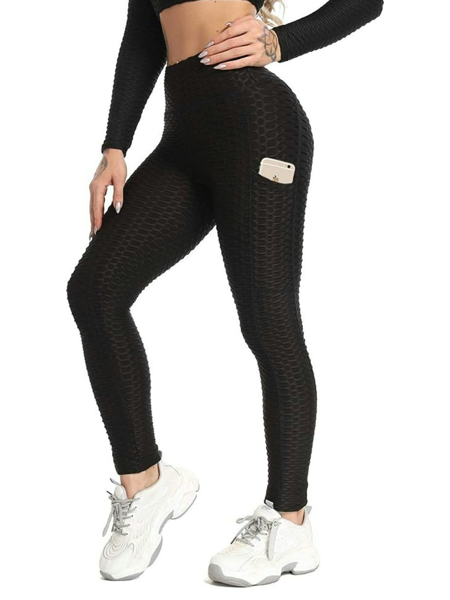 STAR FASHION Women Honeycomb Waffle Leggings Anti Cellulite High Waist Yoga  Pants Tummy Control Gym Butt Lifting Textured Scrunch Butt Tights