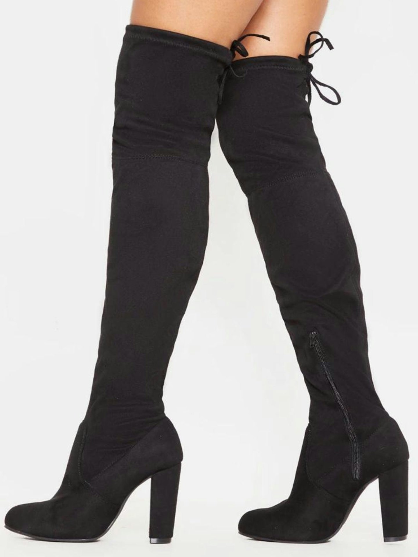 Bess Black Faux Suede Heel Thigh Boots