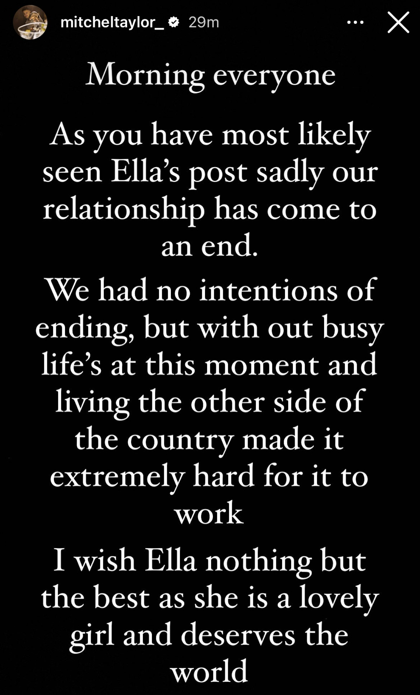 Mitch Taylor's Instagram statement about his split from Ella Barnes