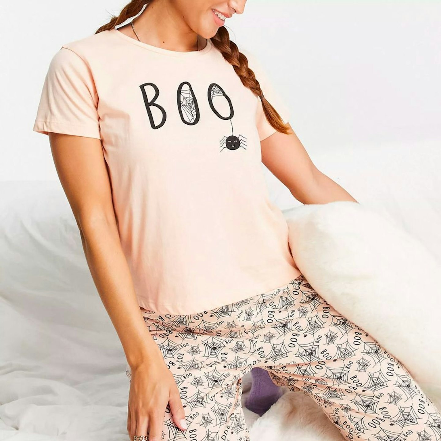  Brave Soul Halloween Boo Spider Pyjamas in Peach and Black