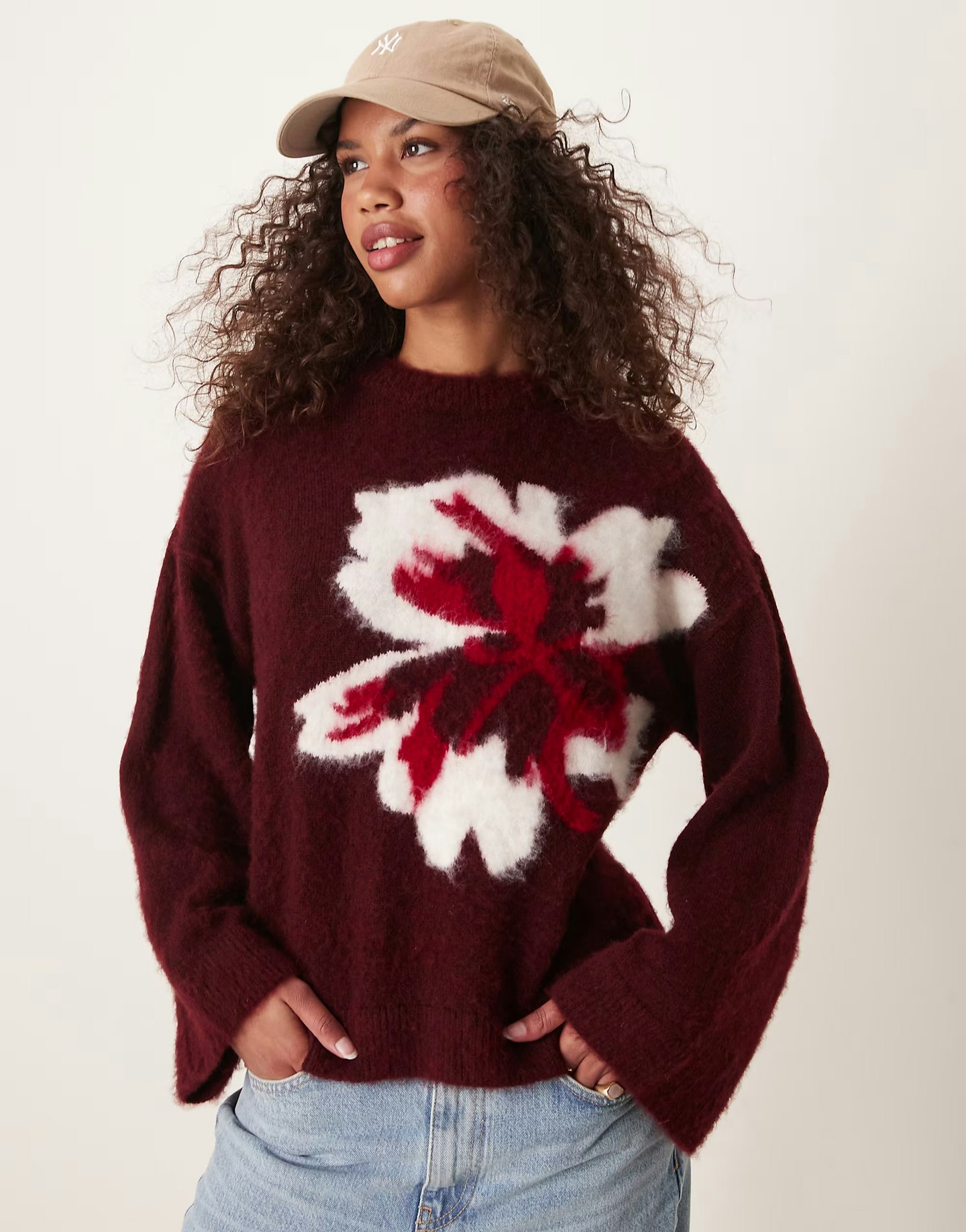 ASOS DESIGN brushed knitted jumper with flower design in burgundy