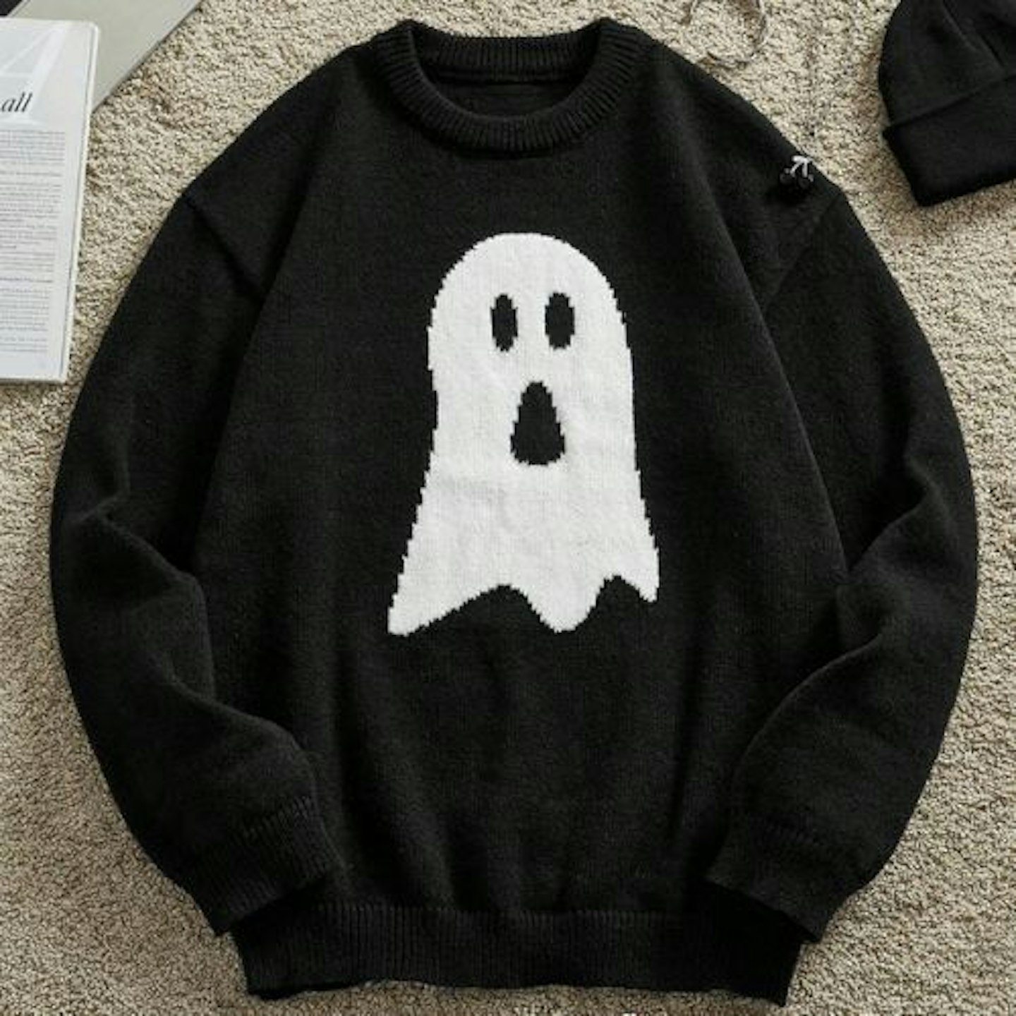 Men's Oversized Drop Shoulder Crew Neck Black Halloween Ghost Graphic Sweater