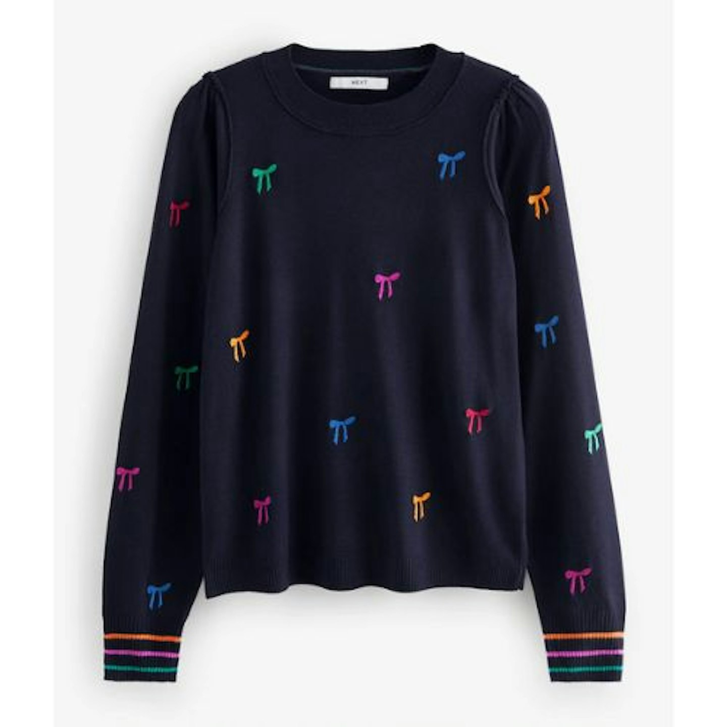 Navy Blue with Rainbow Bows Crew Neck Long Sleeve Embroidered Jumper
