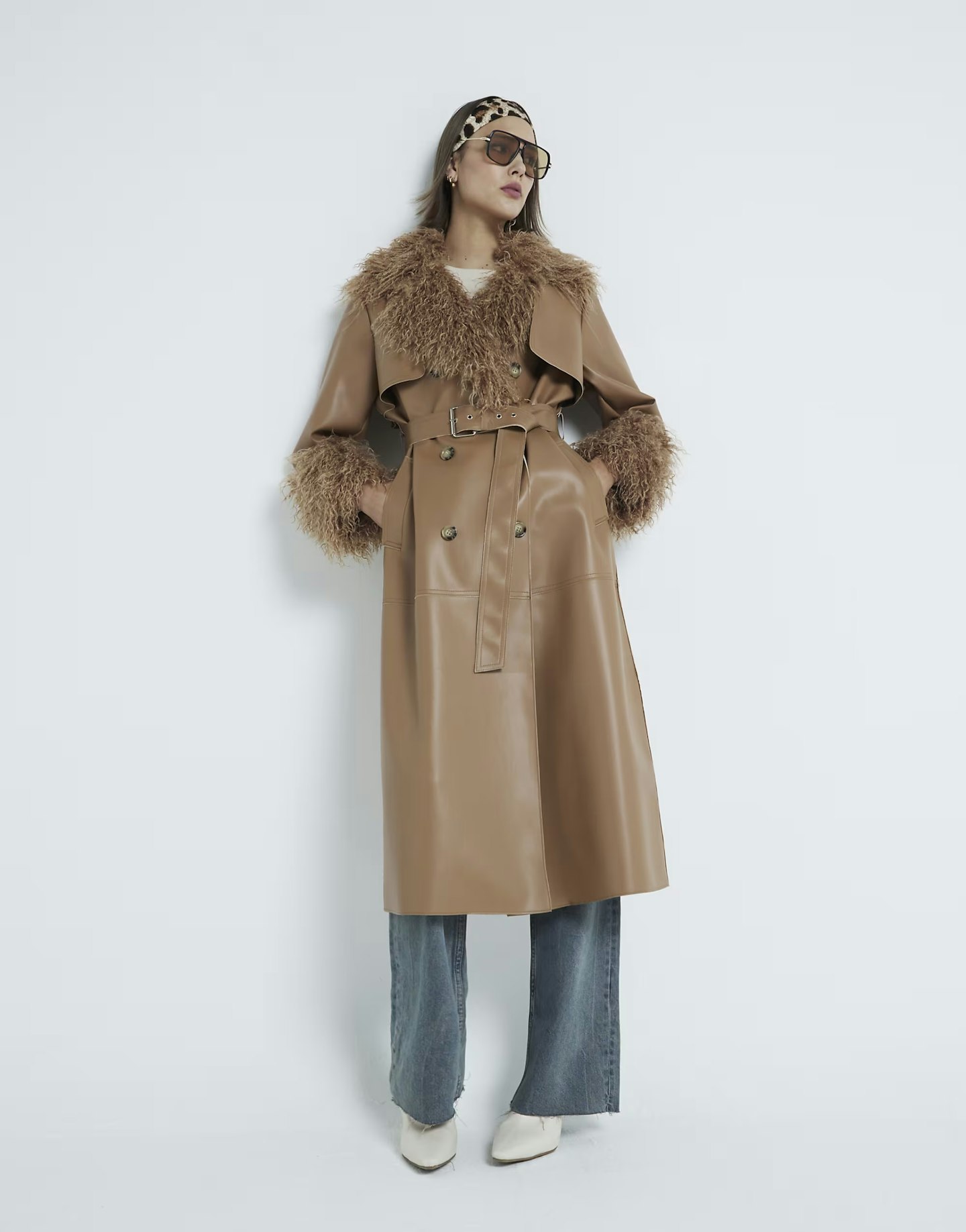 River Island faux fur trim leather trench coat in brown / amber