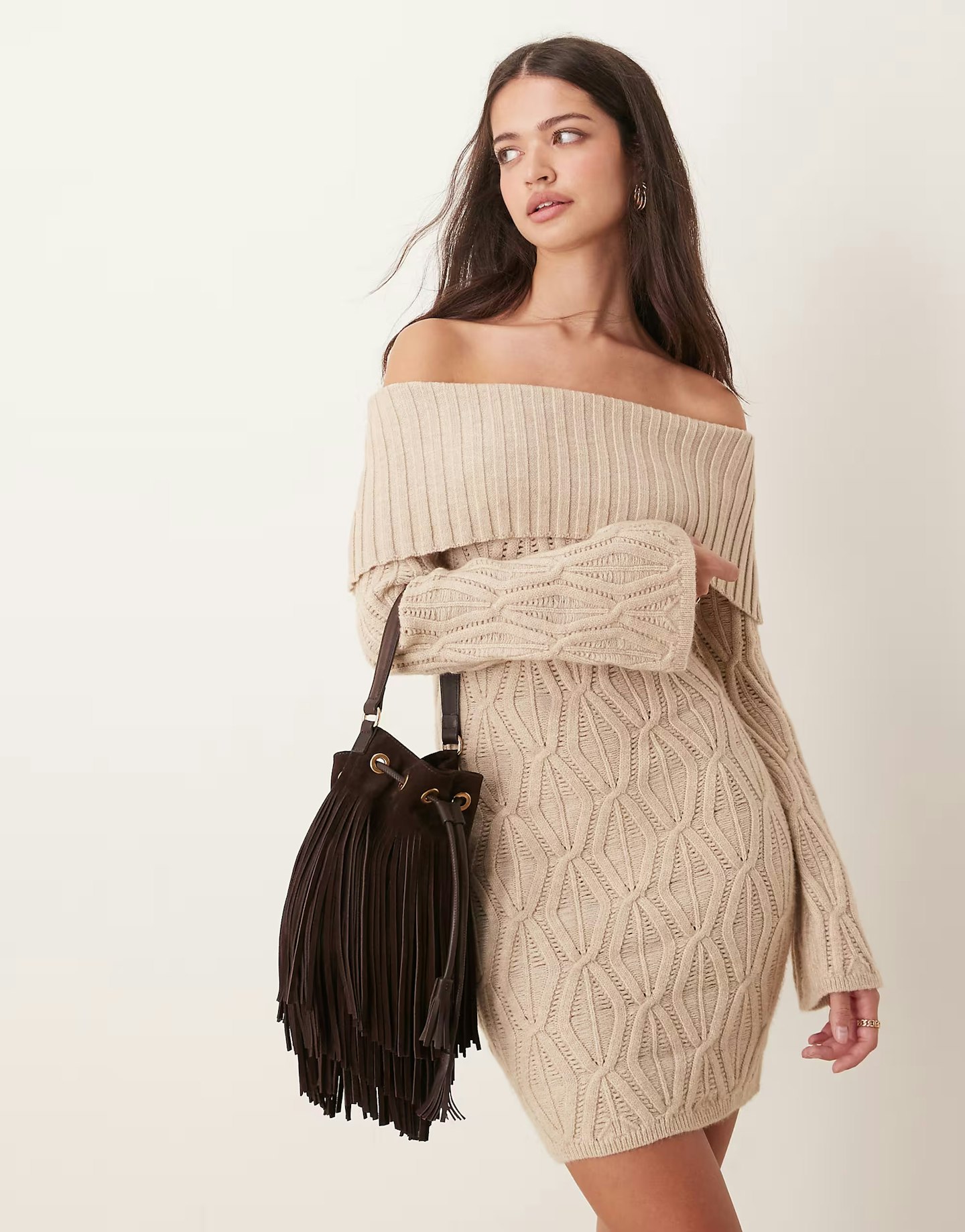 Pretty Lavish cable bardot knit mini dress in taupe