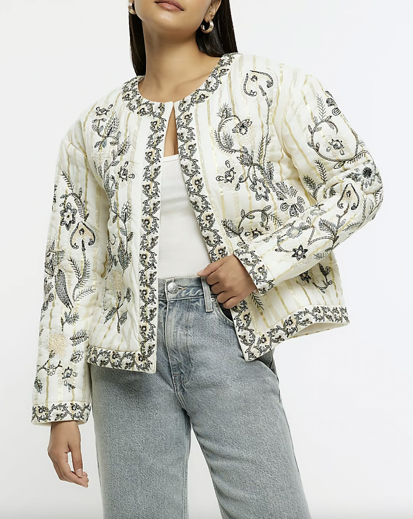 Cream Quilted Embroidered Floral Jacket