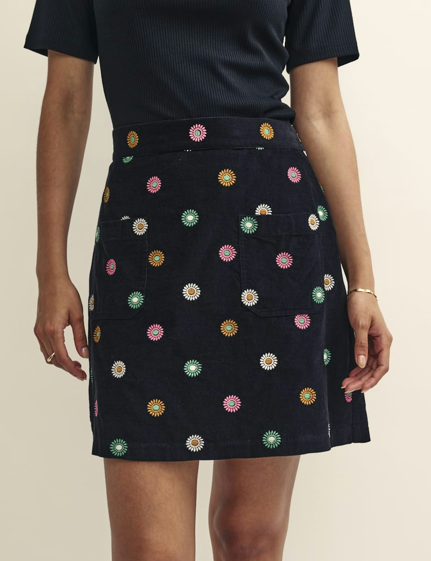 Black Cord Embroidered Mini Skirt