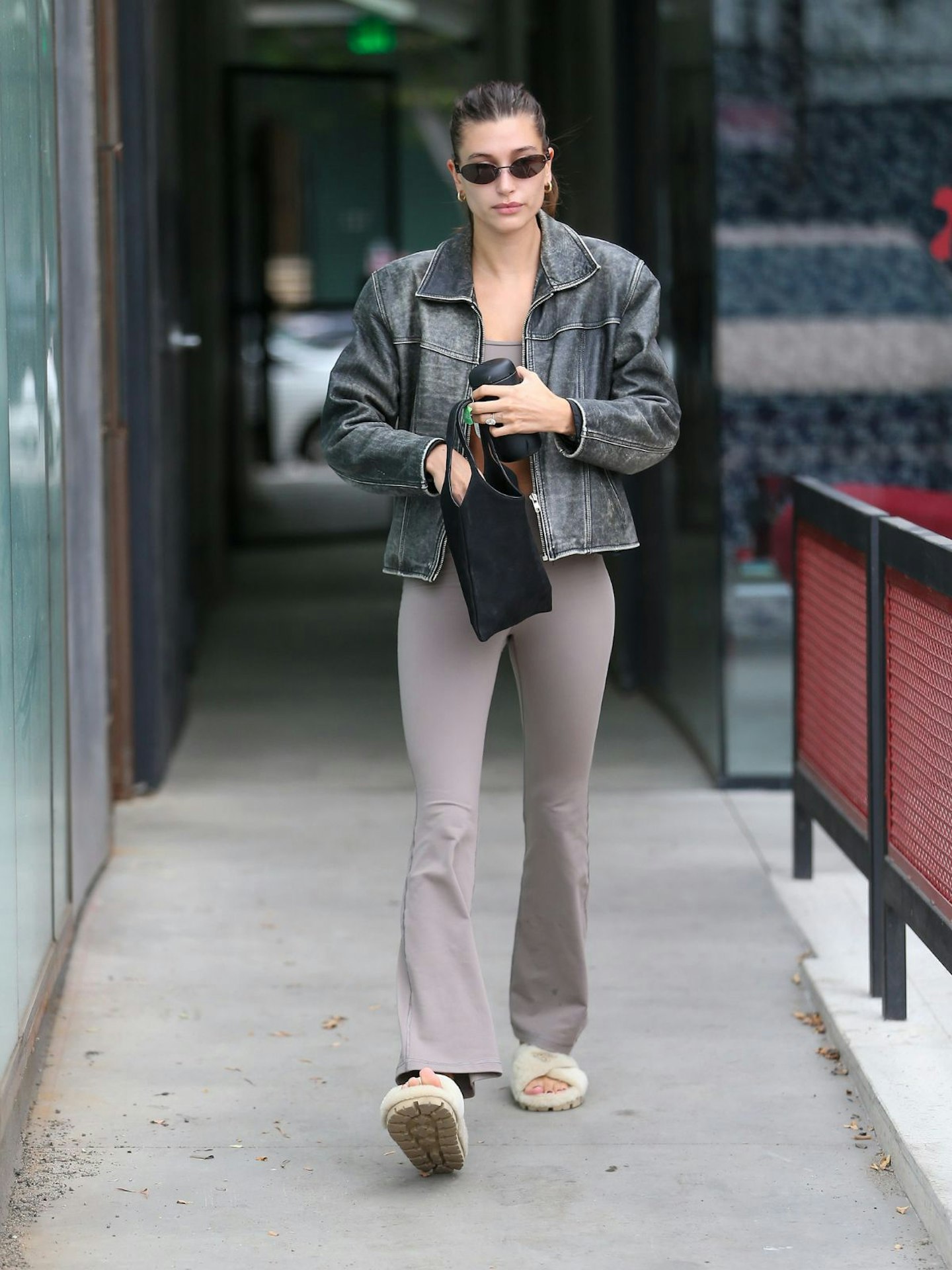 hailey bieber wearing flared leggings on getty images