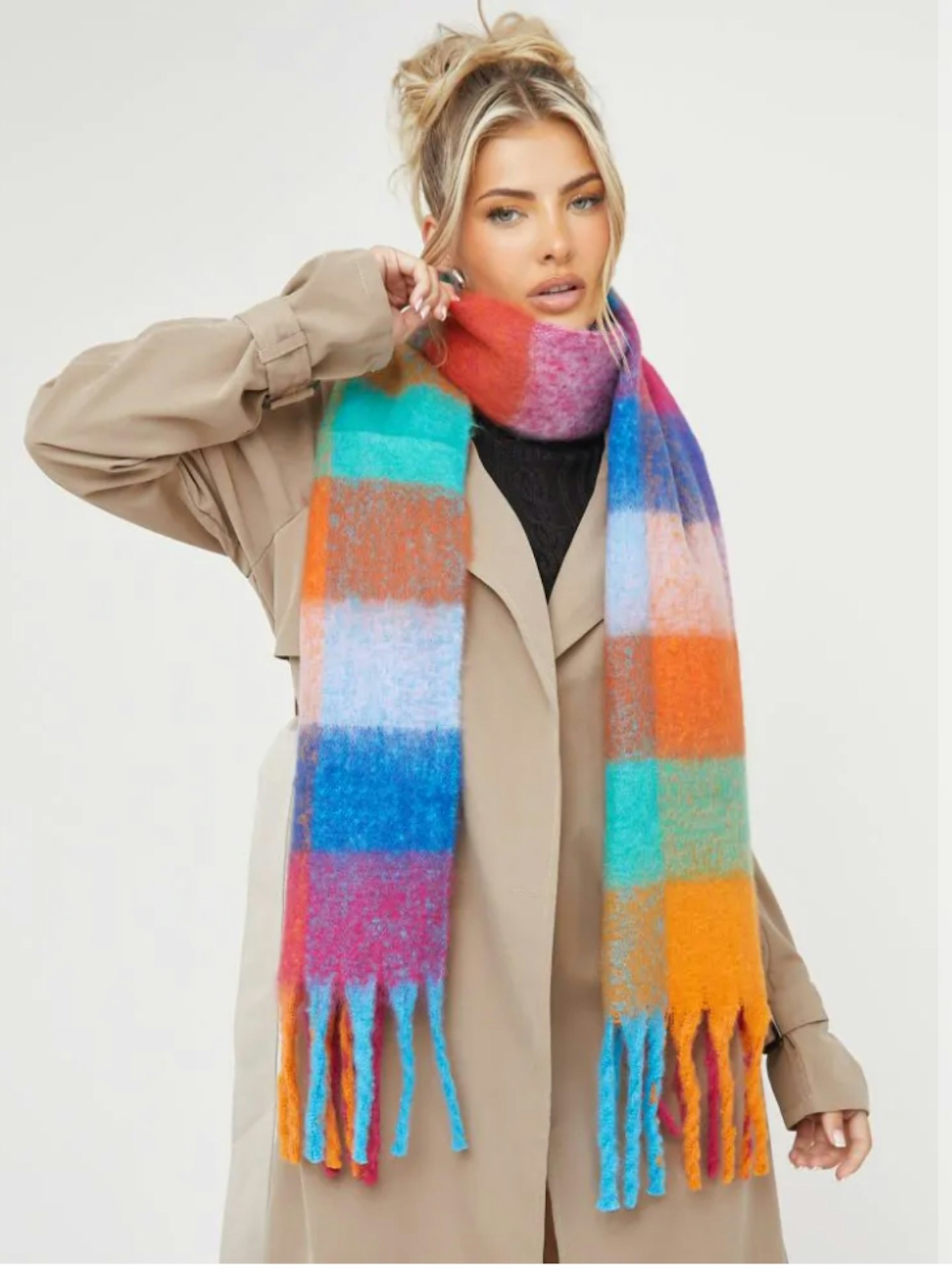 Oversized Scarf in Multi Blue and Orange Checked Print