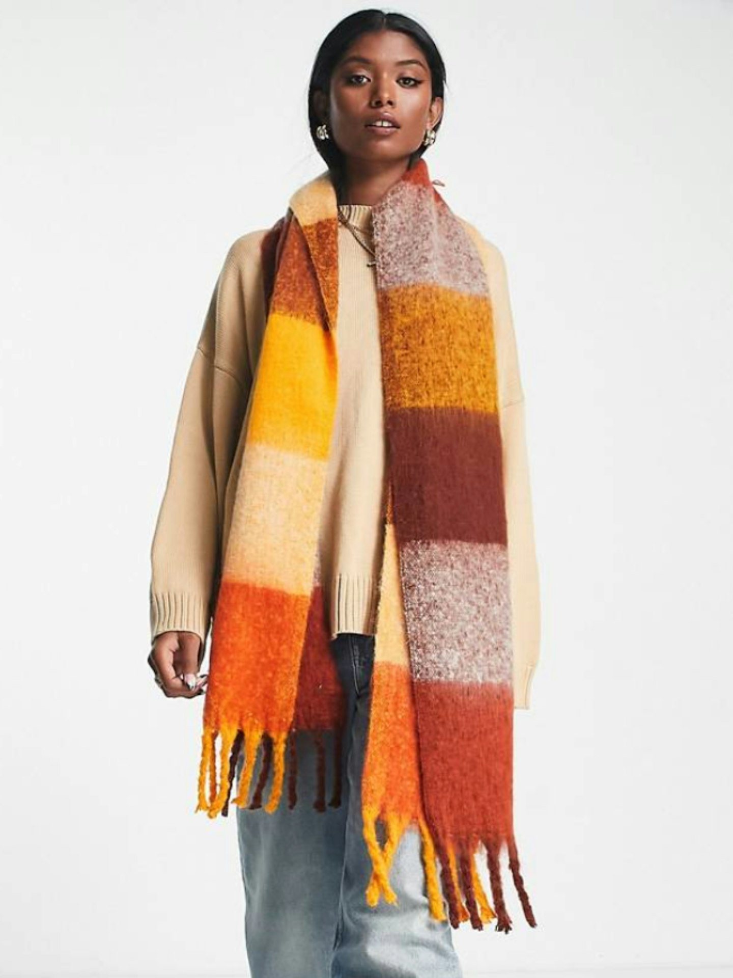 ASOS DESIGN Fluffy Tassel Scarf in Orange Oversized Check