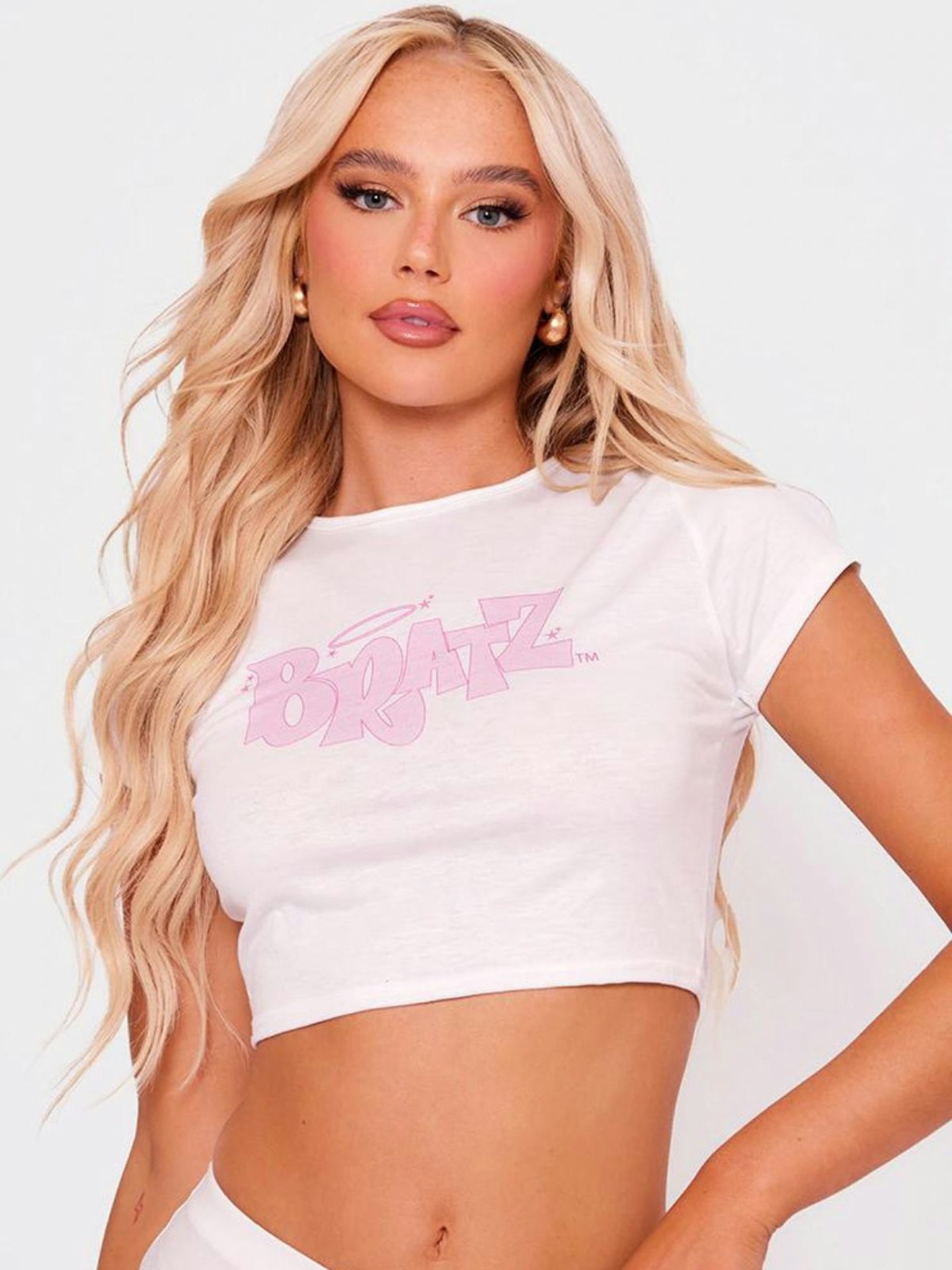 White Bratz Print Fitted Crop T Shirt