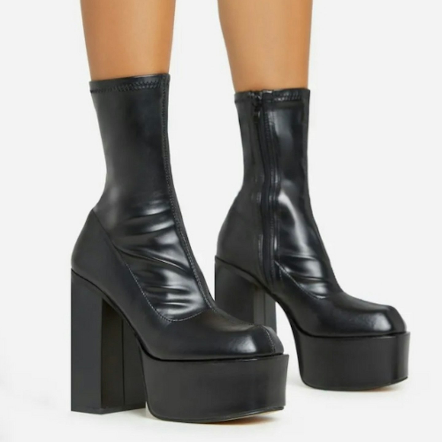EGO Fiji Square Toe Block Heel Platform Ankle Sock Boot in Black Faux Leather