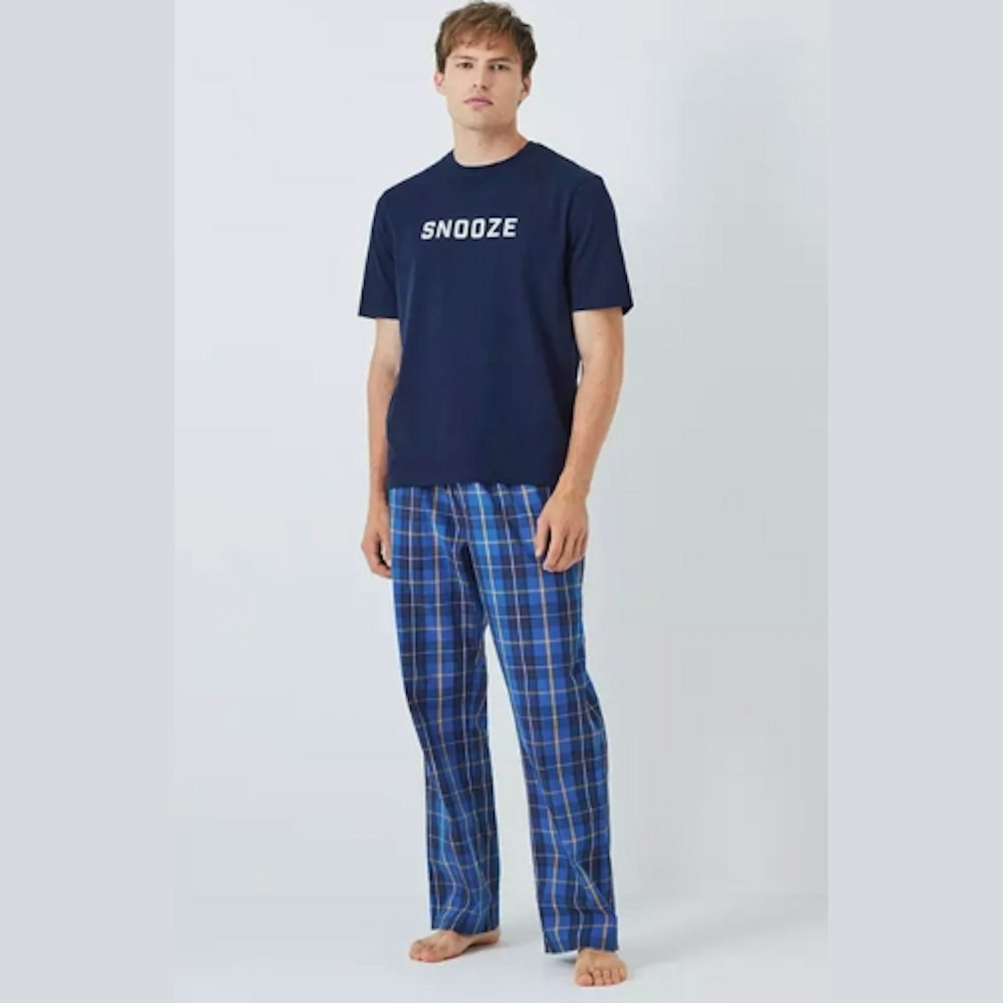 John Lewis ANYDAY Snooze Short Sleeve Top & Check Bottoms Pyjama Set, Blue