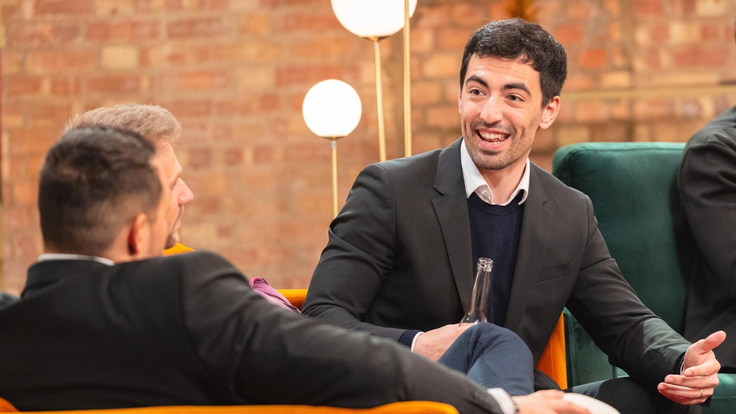 married at first sight's thomas chatting to arthur and georges on the sofa