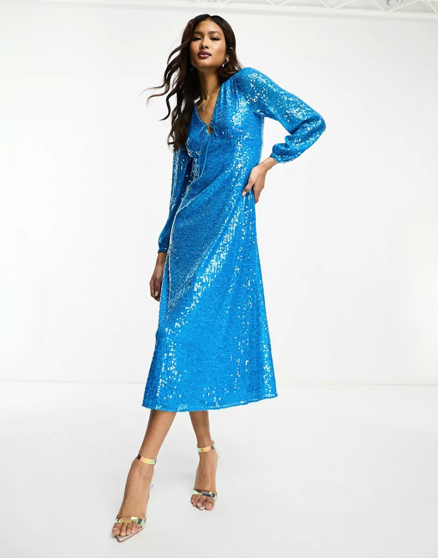  Whistles sequin keyhole midi dress in blue