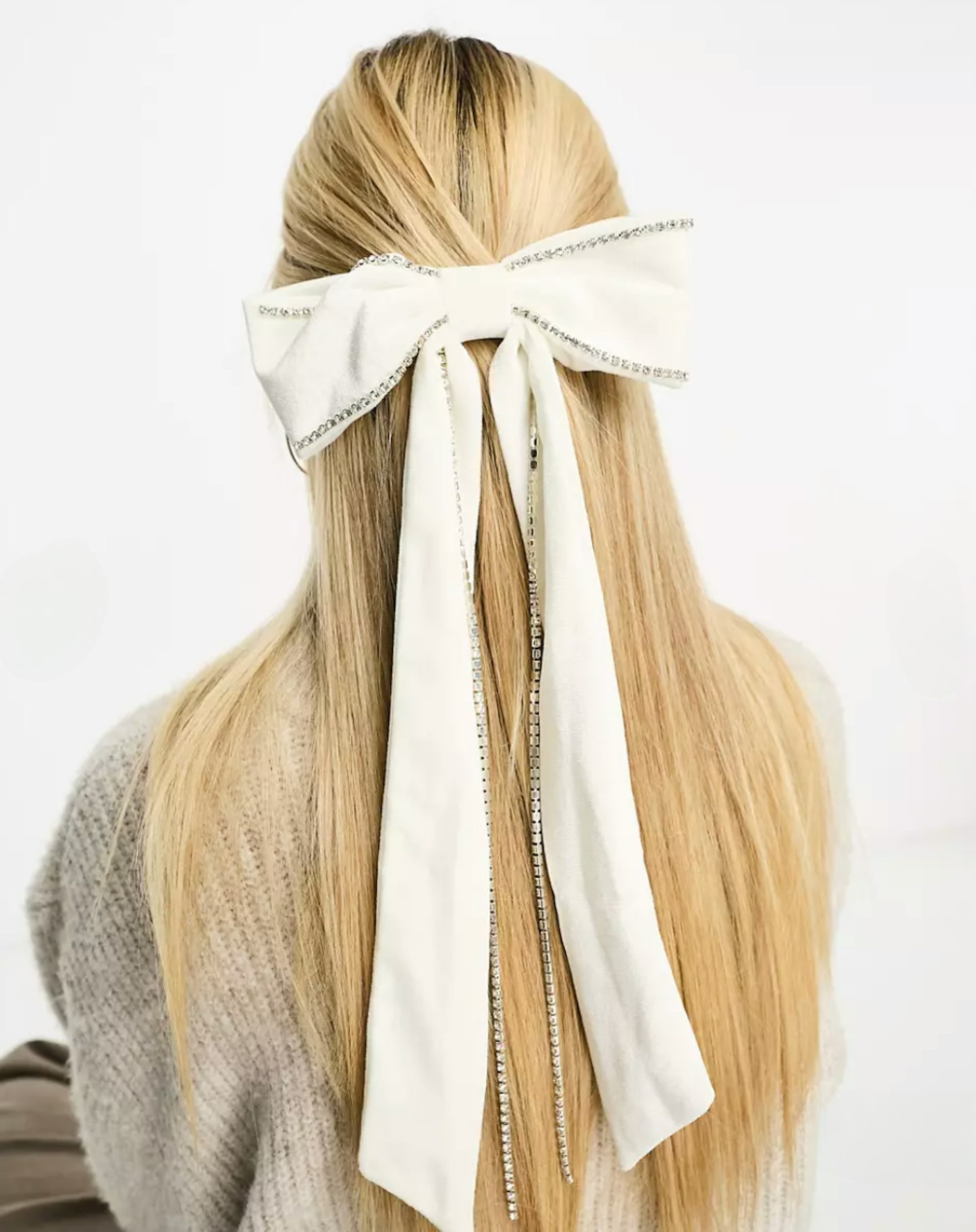 My Accessories London long velvet rhinestone bow hair clip in white