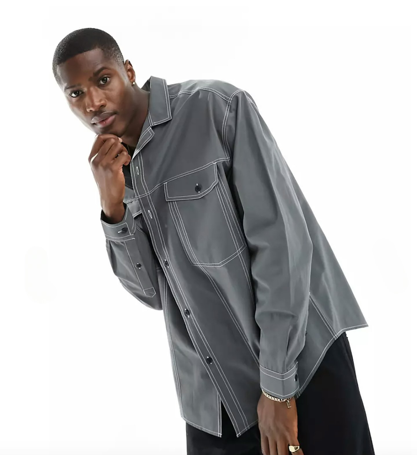  ASOS DESIGN 90s oversized deep revere cotton poplin shirt with contrast stitch in grey