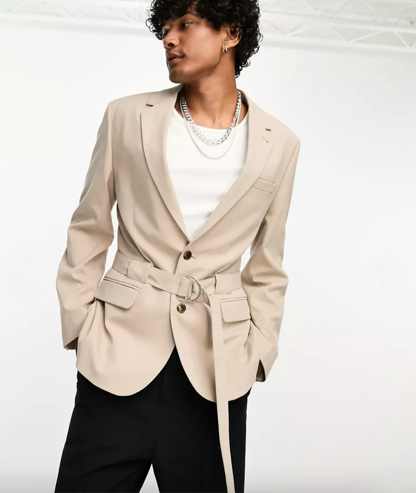 ASOS DESIGN skinny belted blazer in taupe in micro texture