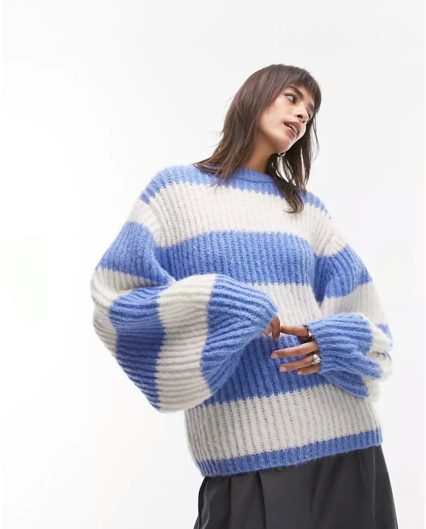 Topshop knitted volume sleeve fluffy stripe jumper in blue & white