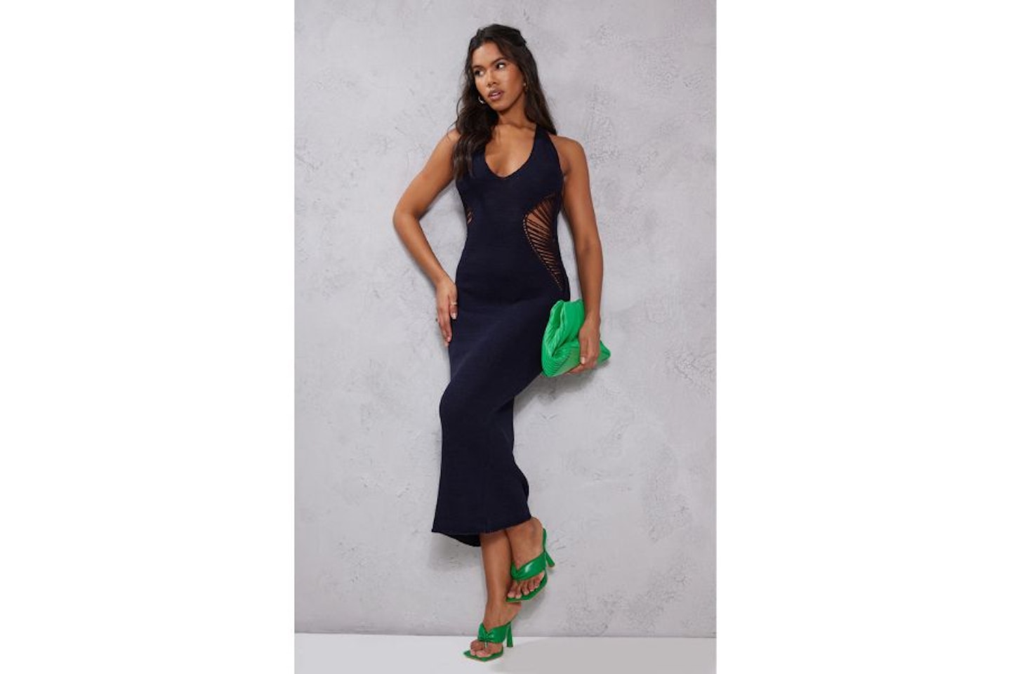 Black Knitted Distressed Ladder Cut Out Maxi Dress