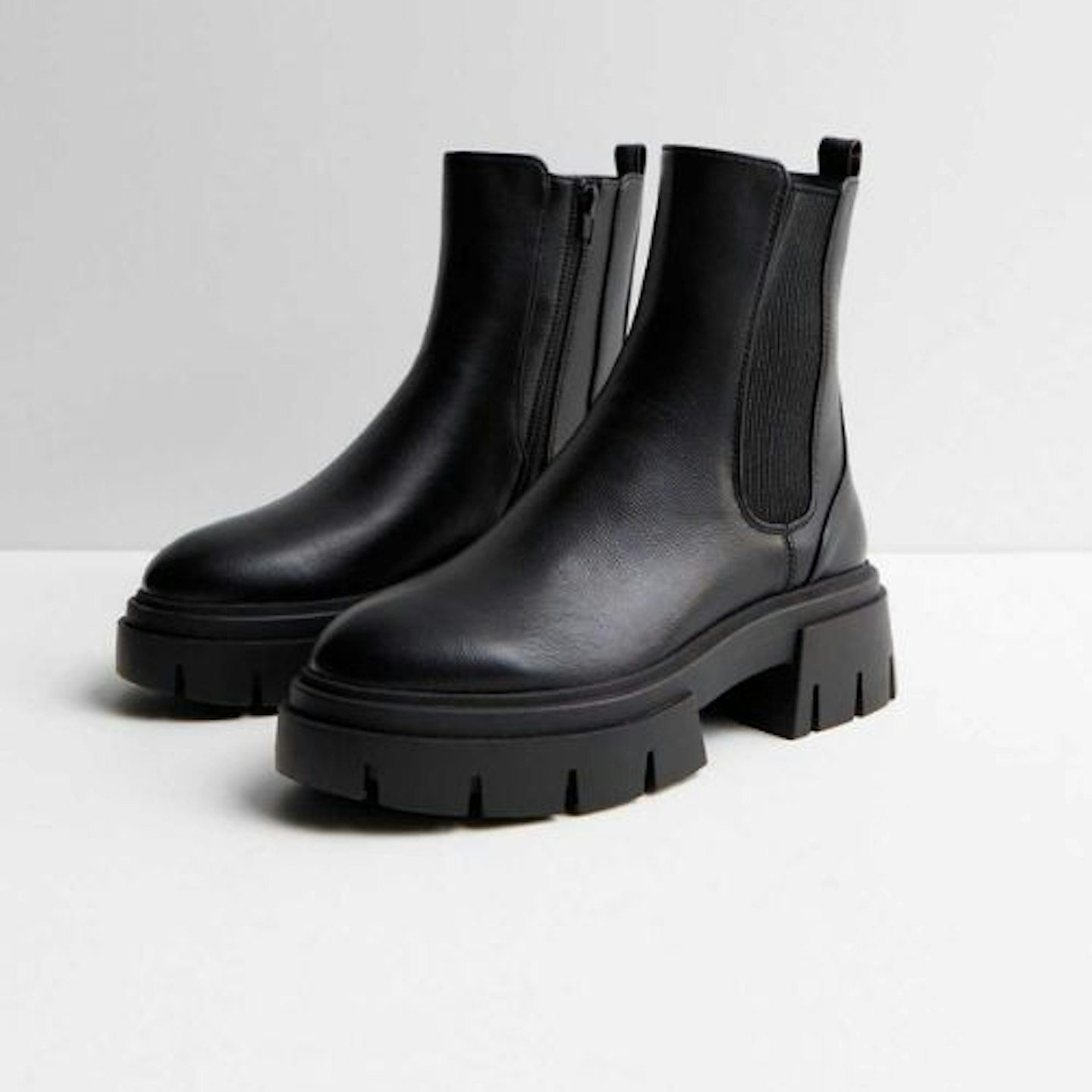 Black Leather-Look Chunky Cleated Sole Chelsea Boots