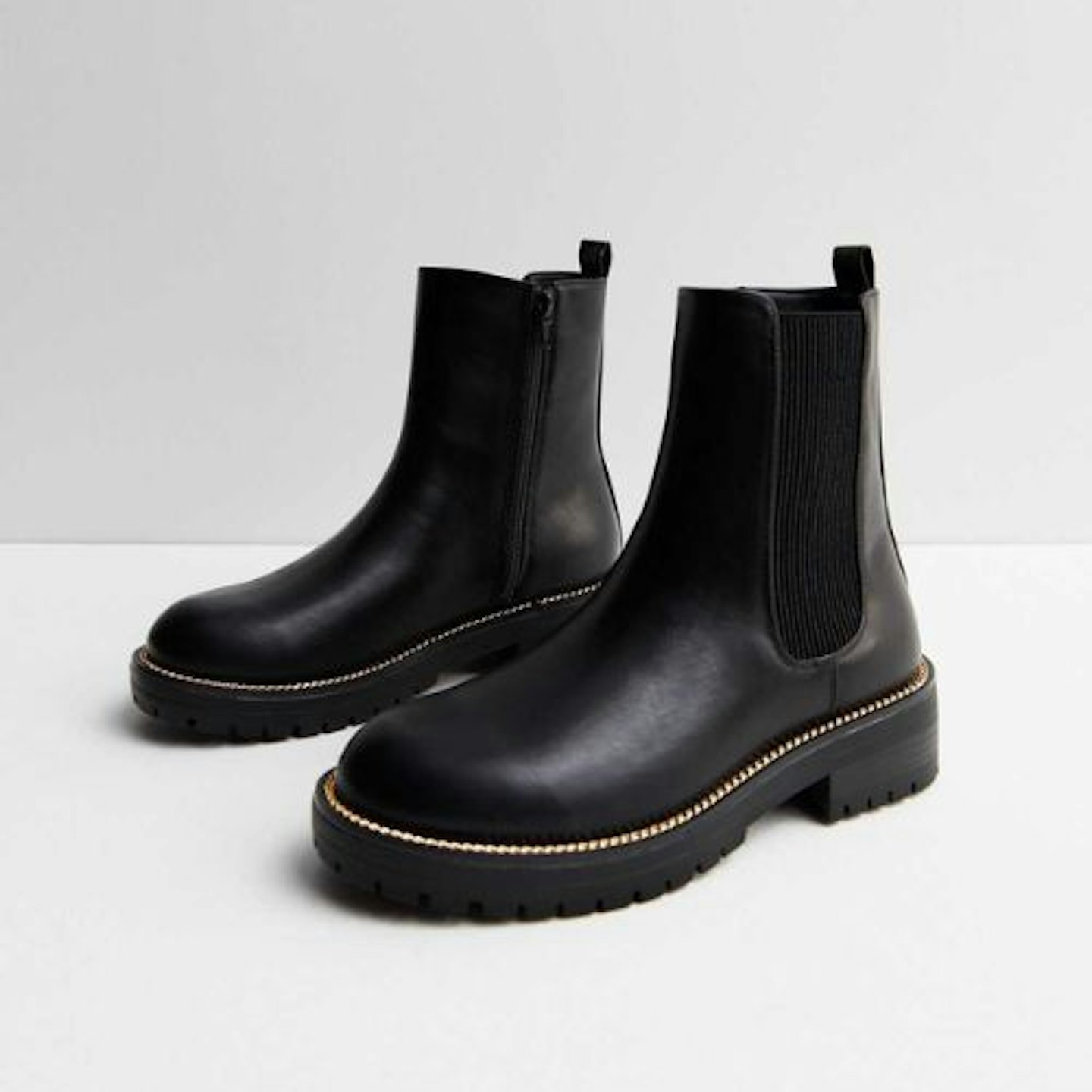 Black Leather-Look Gold Trim Chelsea Boots