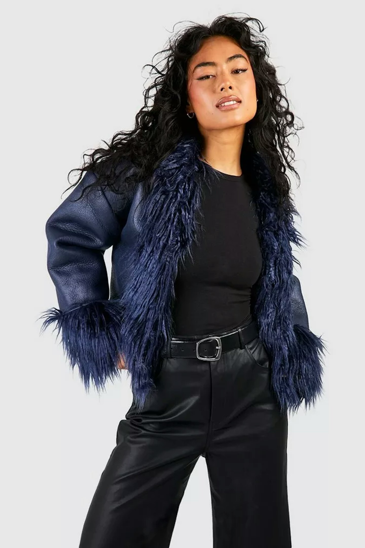Boohoo Faux Fur Trim Leather Jacket