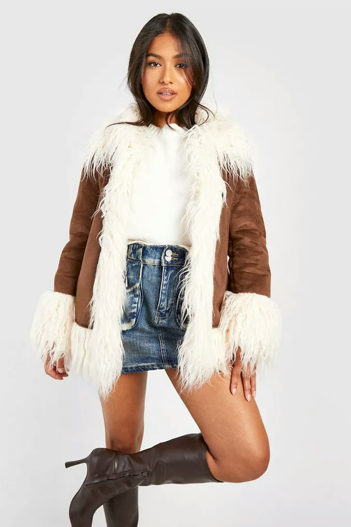 Boohoo Plus Faux Fur Trim Suedette Coat