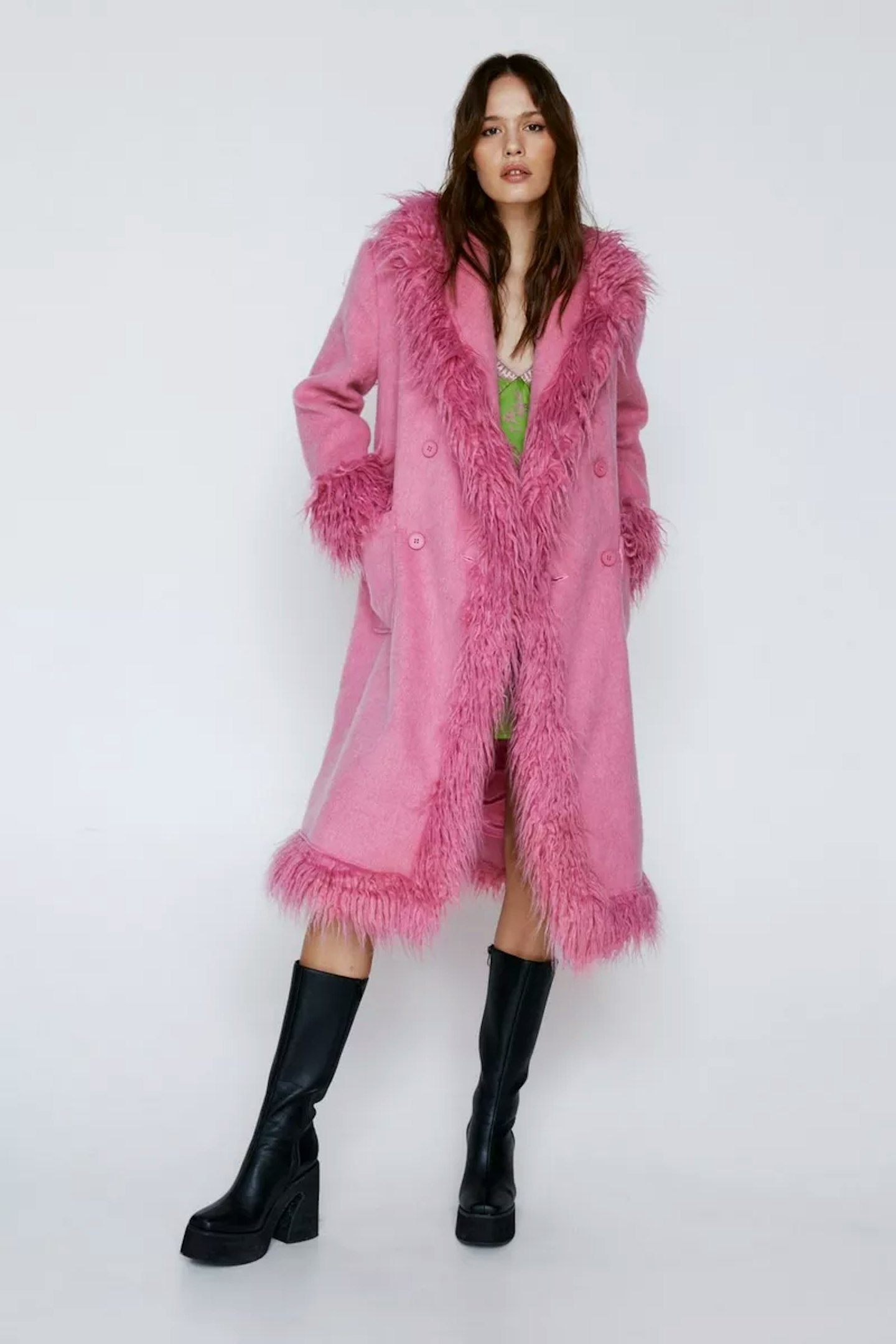 Nasty Gal Premium Faux Shearling Fur Trim Wool Coat