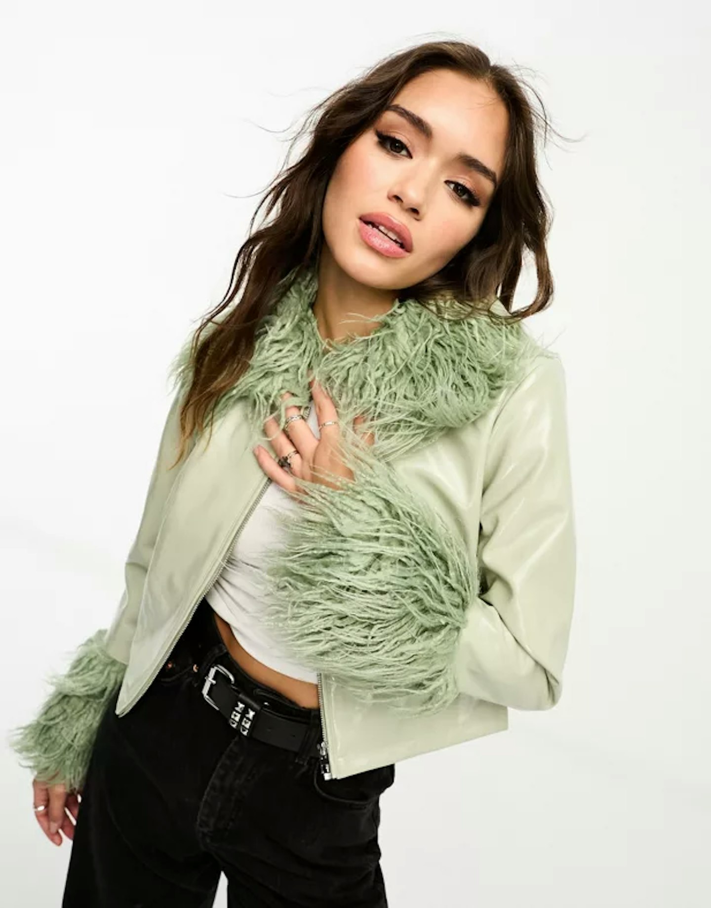 Only Vinyl Shaggy Faux Fur Trim Jacket In Sage