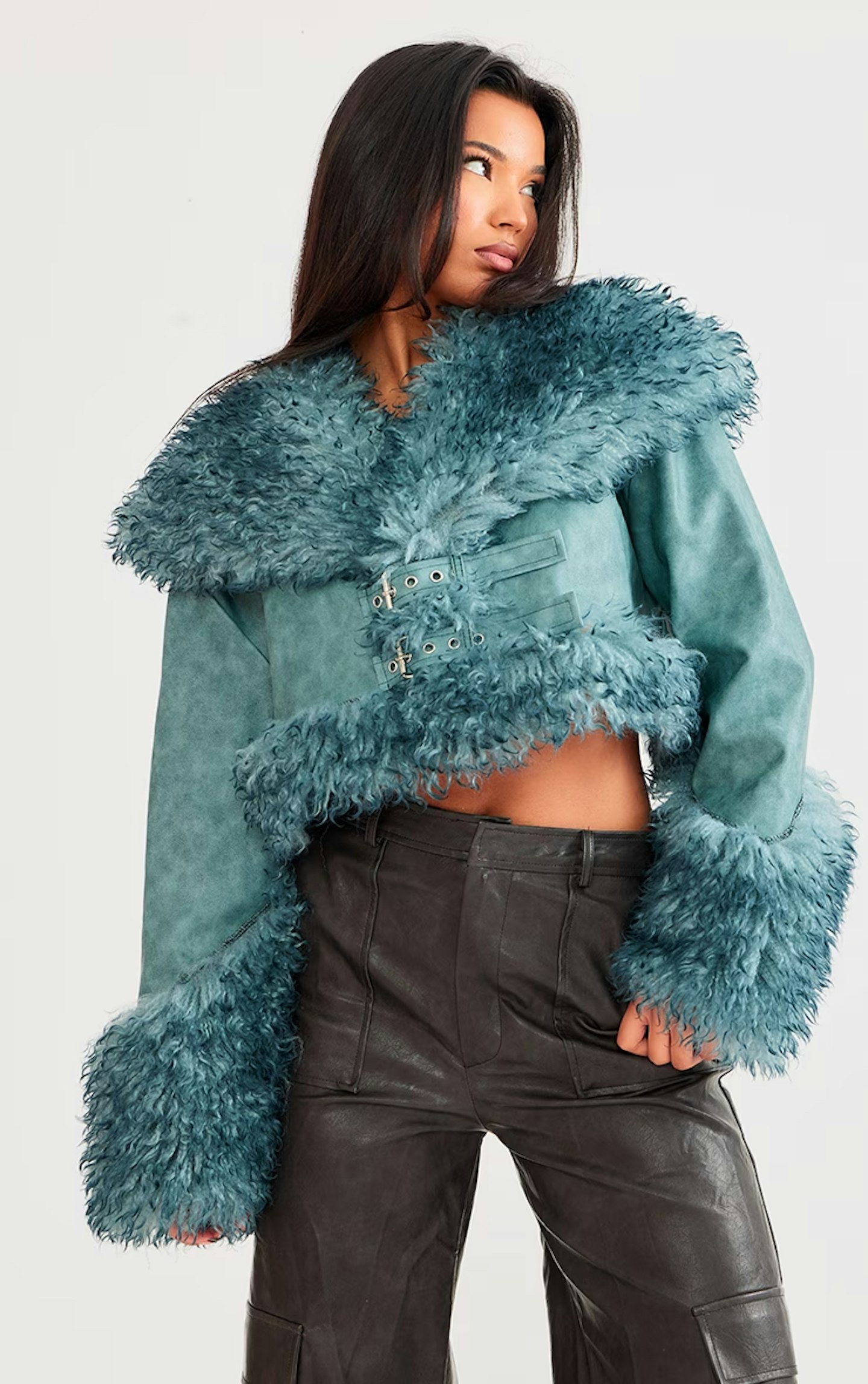 PLT Teal Textured Look Faux Mongolian Fur Faux Leather Jacket