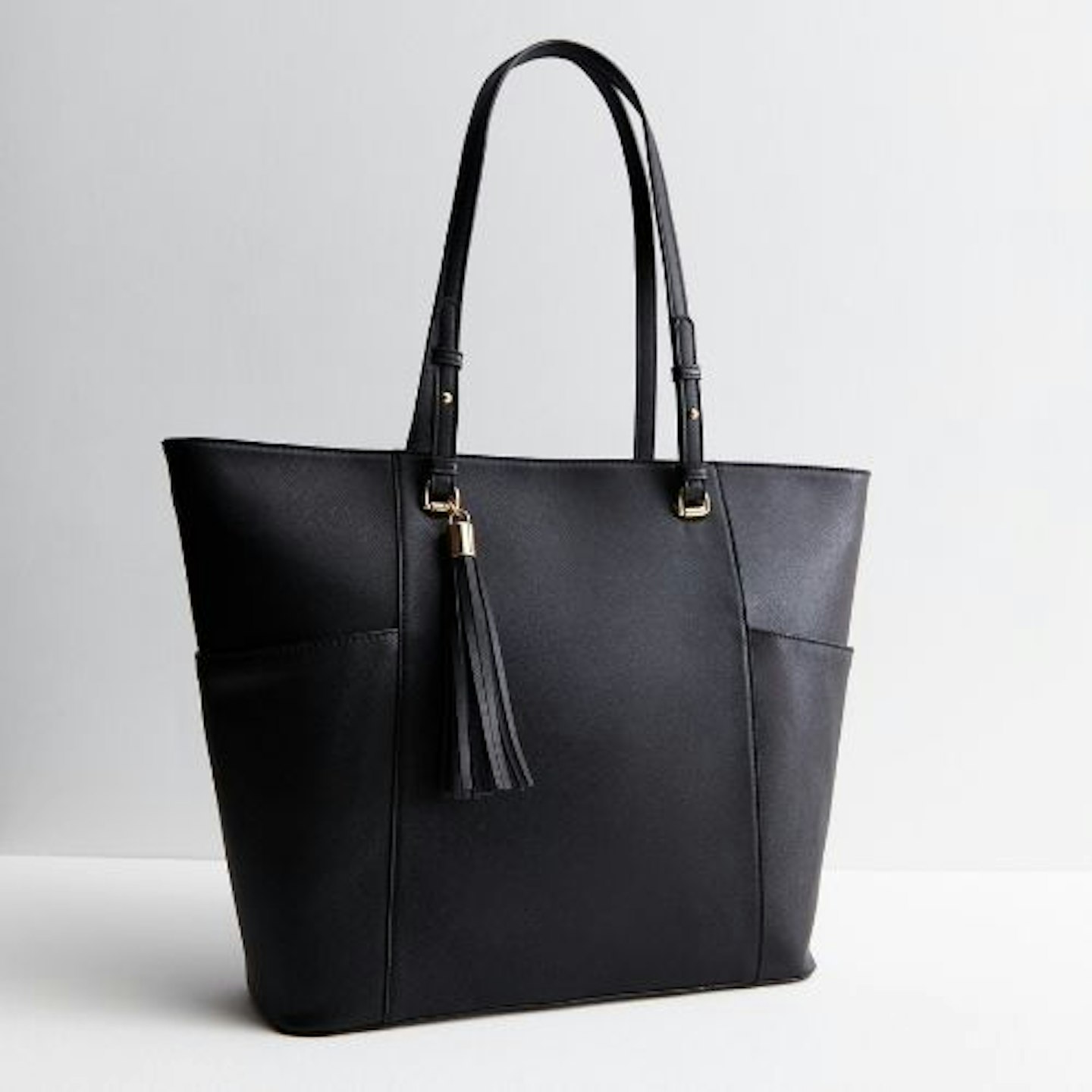 Black Leather-Look Tassel Tote Bag