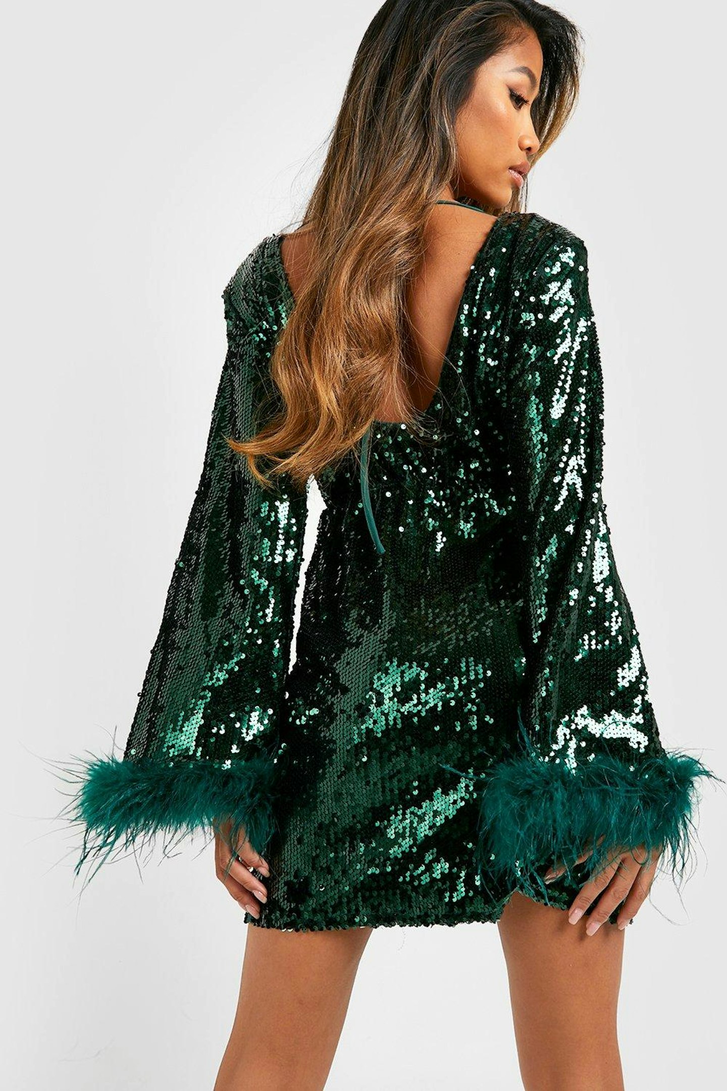 Boohoo Sequin Feather Cuff Shift Party Dress