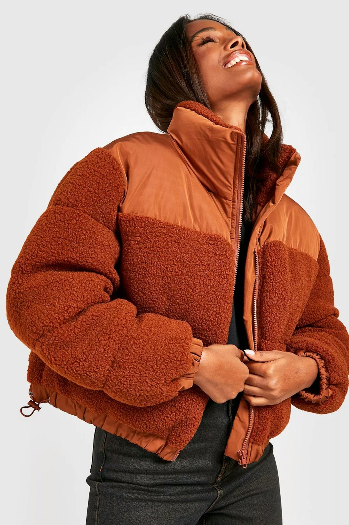 Boohoo Teddy Faux Fur Panelled Puffer Jacket