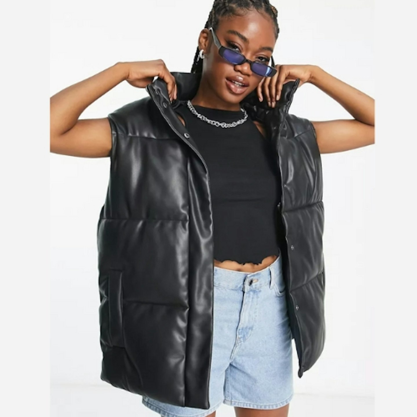 ASOS DESIGN Faux Leather Puffer Gilet in Black