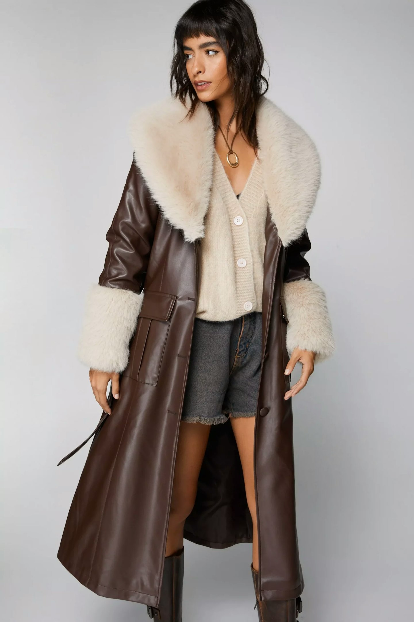Nasty Gal Faux Fur Trim Faux Leather Trench Coat