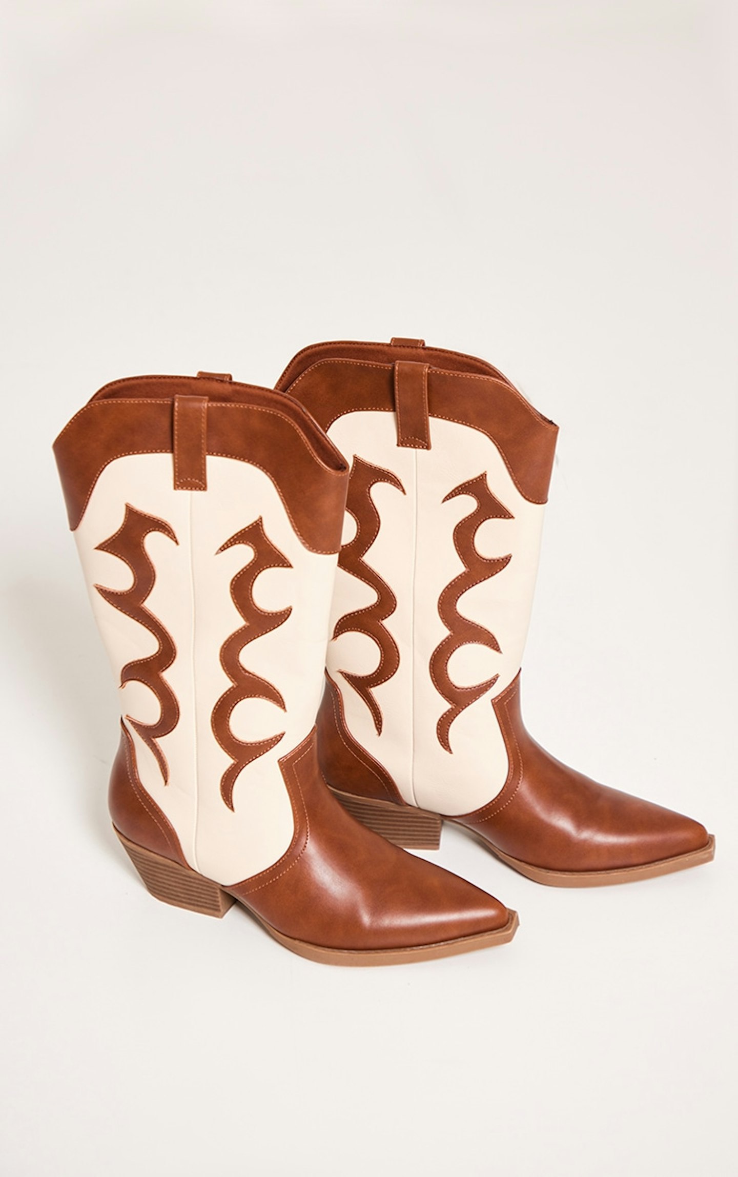 Pretty Little Thing Tan PU Point Toe Contrast Western Calf Boots