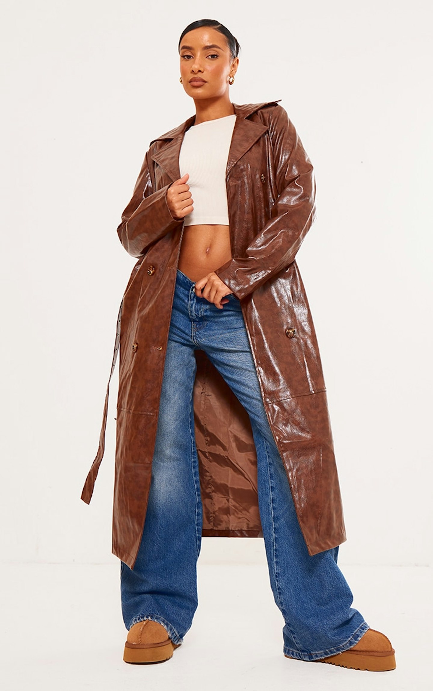 Pretty Little Thing Brown Distressed Faux Leather Double Breasted Trench Coat